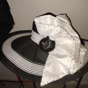 One Of A Kind Chic Black and White Women's Hat with Bow With Swarovski Crystals